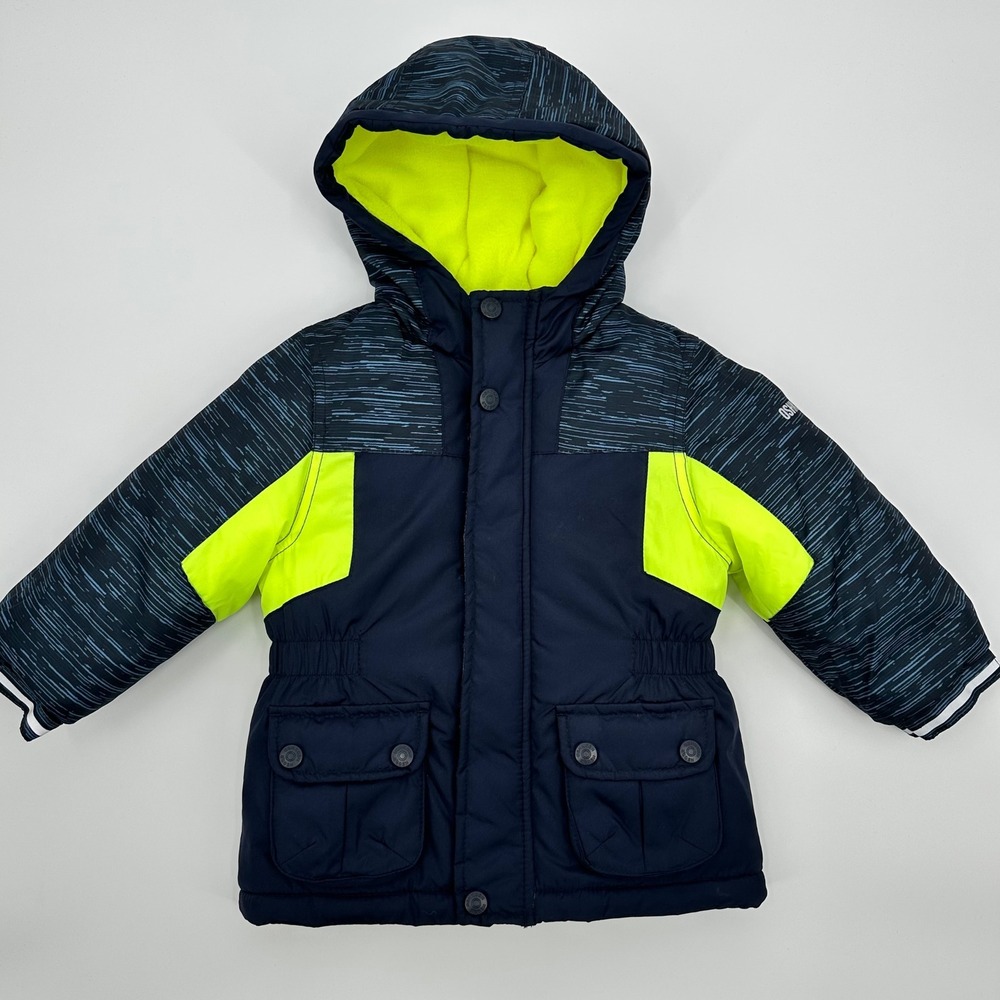 OshKosh B'gosh Navy‎ Blue Neon Yellow Trim Hooded Winter Jacket Kids 24M